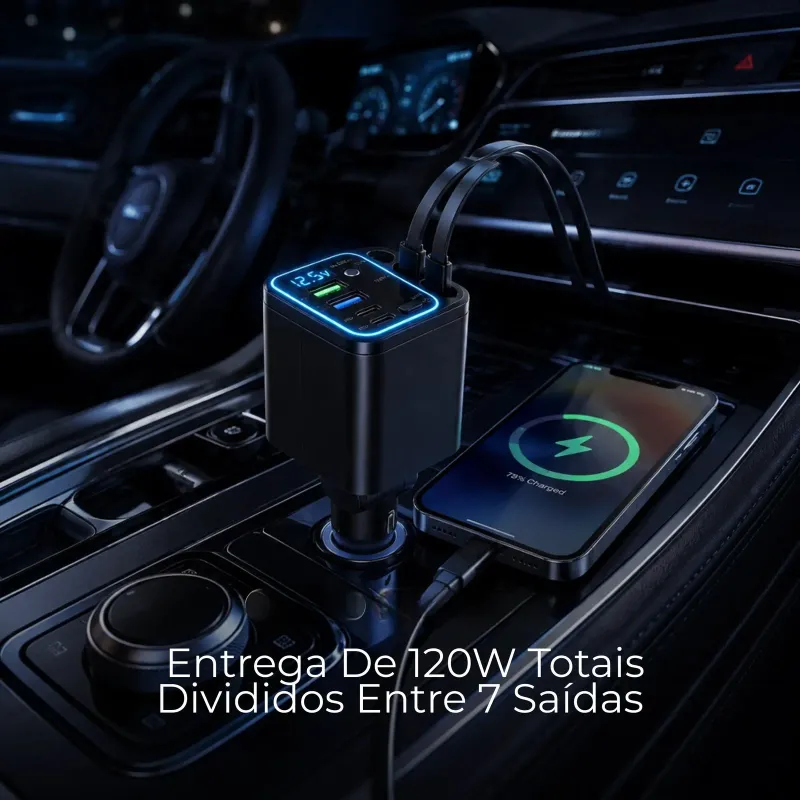 Carregador Veicular 7 em 1 com Cabos Retráteis e Display