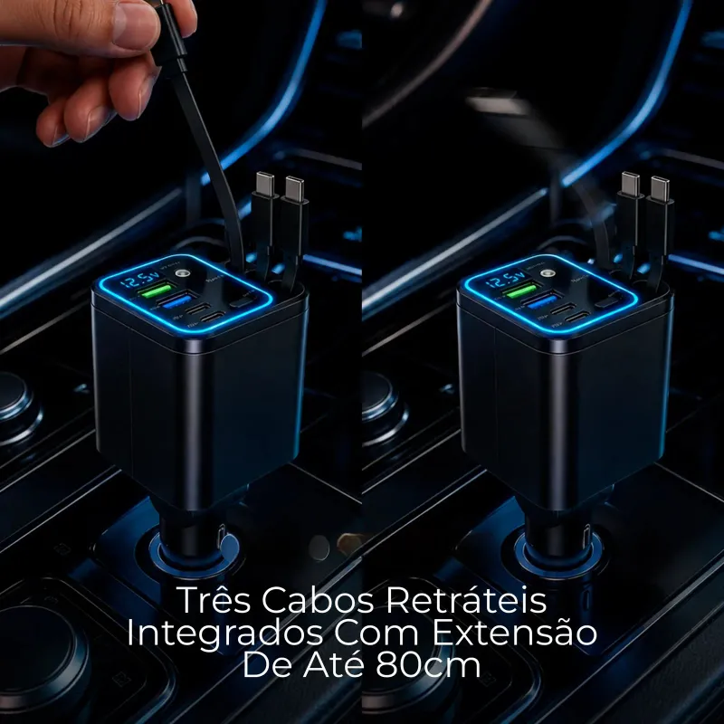 Carregador Veicular 7 em 1 com Cabos Retráteis e Display