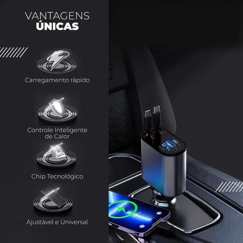 Carregador Veicular 4 em 1 com Cabos Retráteis