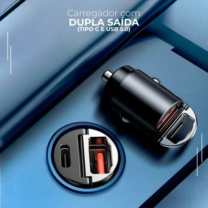 Carregador Veicular Compacto Turbo com USB e USB-C